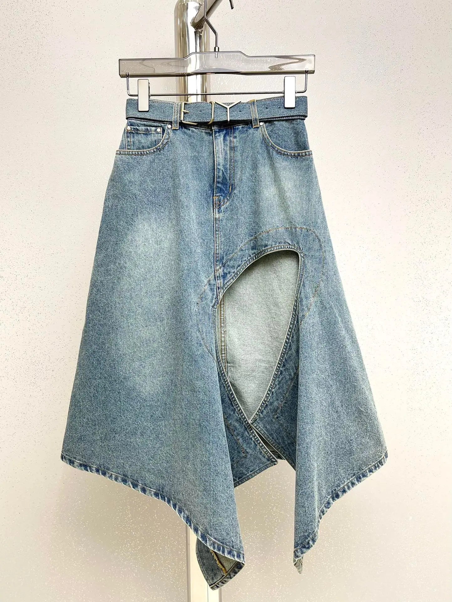 Elegant Hollow-Slit Denim Midi Skirt