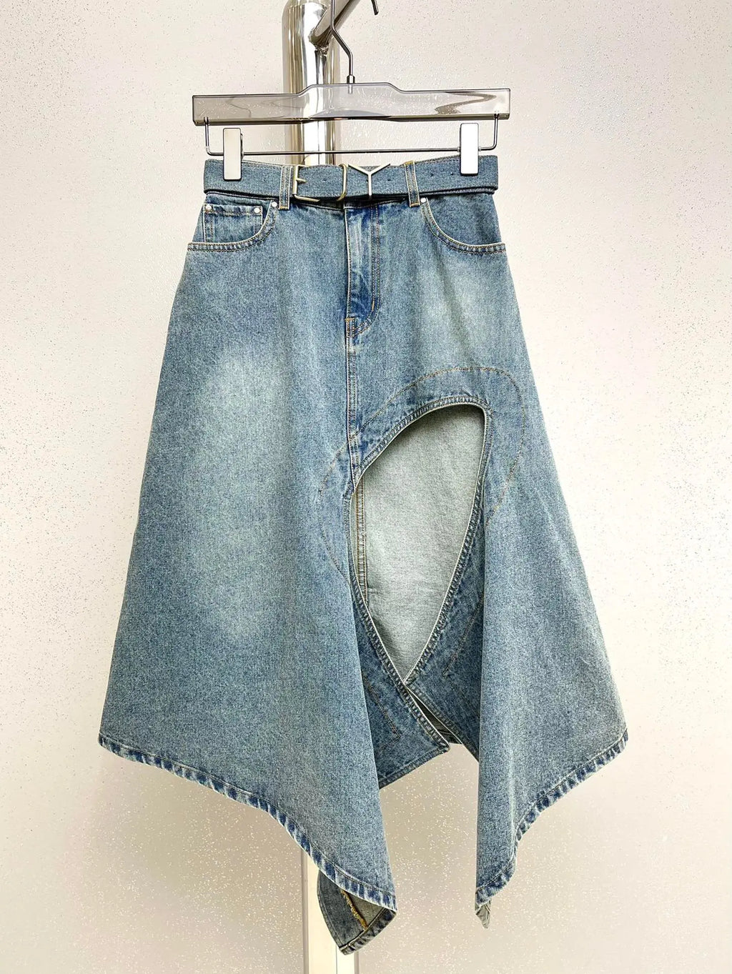 Elegant Hollow-Slit Denim Midi Skirt