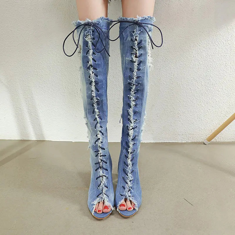 Denim Crystal Roman Heel Boots